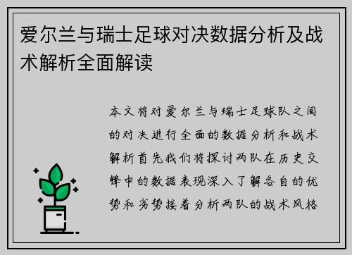 爱尔兰与瑞士足球对决数据分析及战术解析全面解读